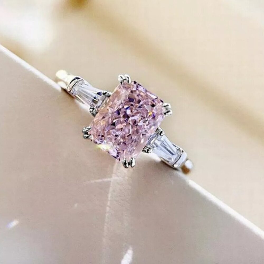 NEW 14k White Gold Pink Sapphire Diamond Ring Emerald Cut - Picture 2 of 4